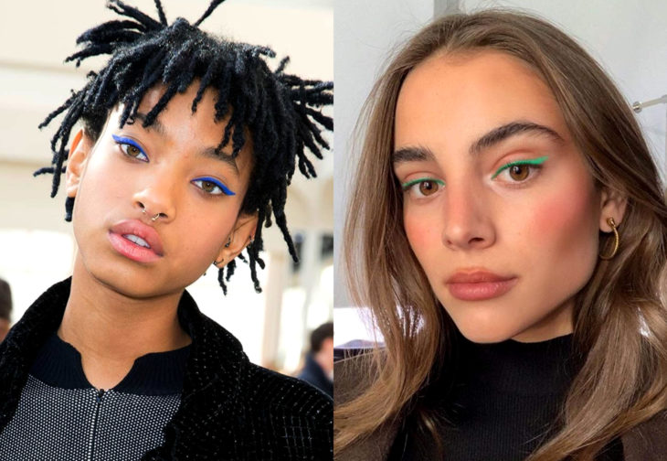 Maquillaje de famosas para San Valentín; Willow Smith con delineador cat eye de color azul y verde