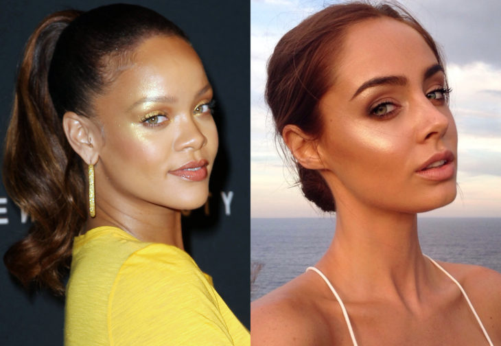 Maquillaje de famosas para San Valentín; Rihanna con iluminador dorado