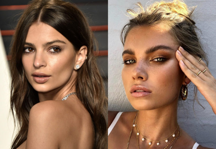 Maquillaje de famosas para San Valentín; Emily Ratajkowski con maquillaje bronce, bronceada, look natural