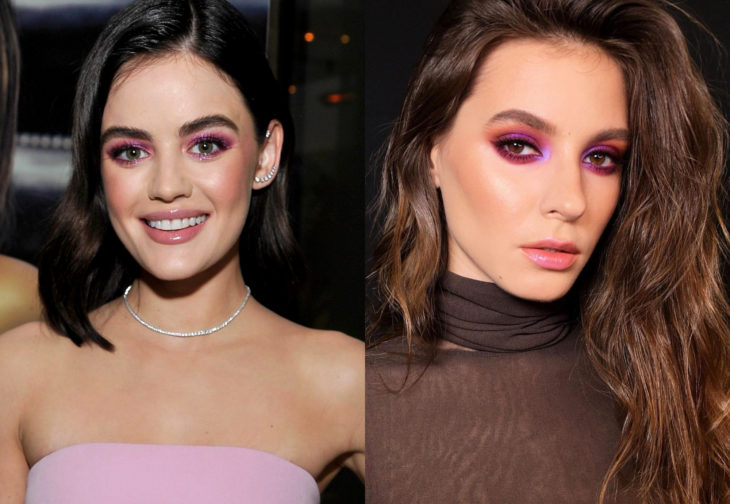 Maquillaje de famosas para San Valentín; Lucy Hale con sombra de ojos rosa con glitter