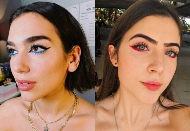 Maquillaje de famosas para San Valentín; Dua Lipa con delineador cat eye invertido color azul y rosa