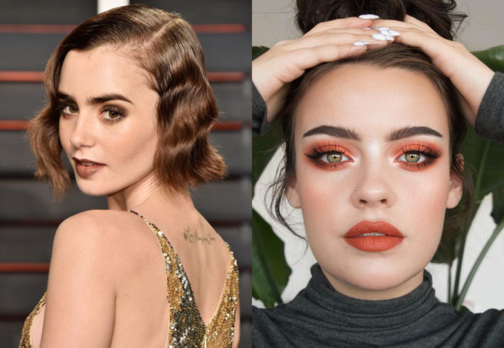 Maquillaje de famosas para San Valentín; Lily Collins con maquillaje monocromático marrón y anaranjado