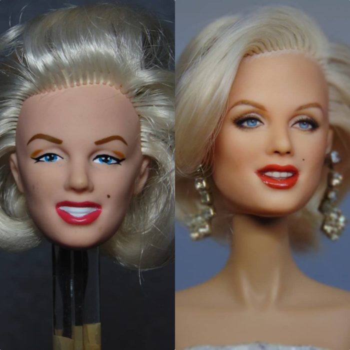 Muñeca tipo Barbie repintada para dar mayor parecido a Marilyn Monroe