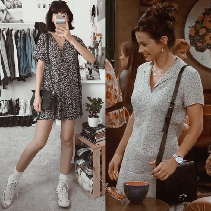 Outfit inspirado en Monica de Friends usando vestido floreado