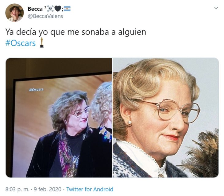 Captura de Twitter donde Mrs. Doubtfire acudió a la entrega de los Oscars 2020