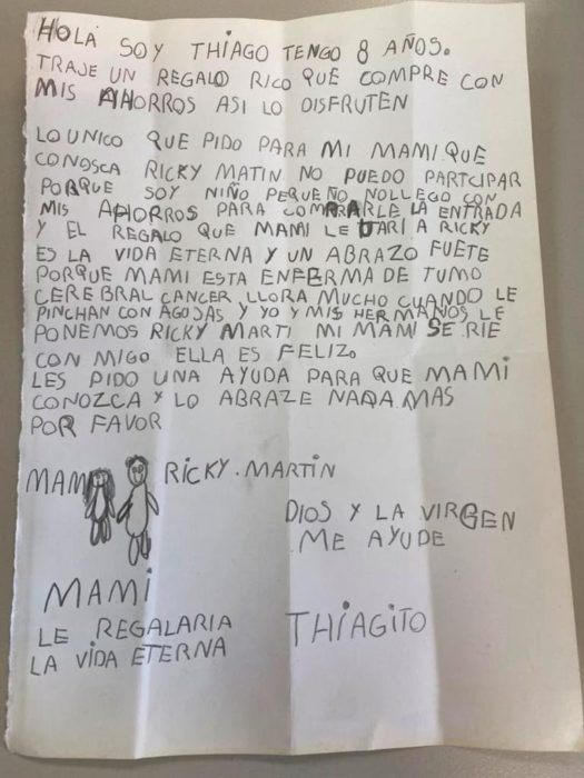 Carta de un niño a Ricky Martin pidiendole que conozca a su madre