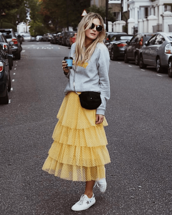 Chica usando prendas de color amarillo para la primavera 2020