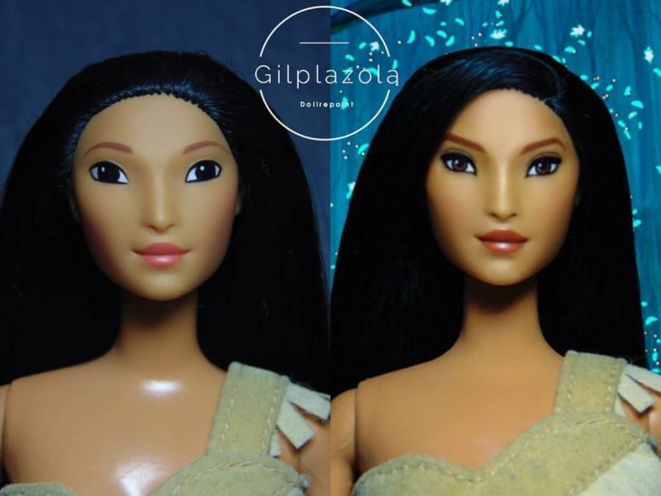 Muñeca tipo Barbie repintada para dar mayor parecido a Pocahontas