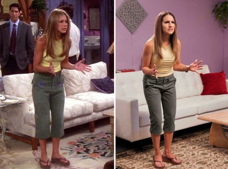 Outfit inspirado en Rachel de Friends usando pantalón capri y blusa amarilla con sandalias 