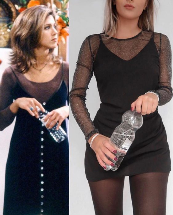 Outfit inspirado en Rachel de Friends usando vestido negro y ensamble de transparencia