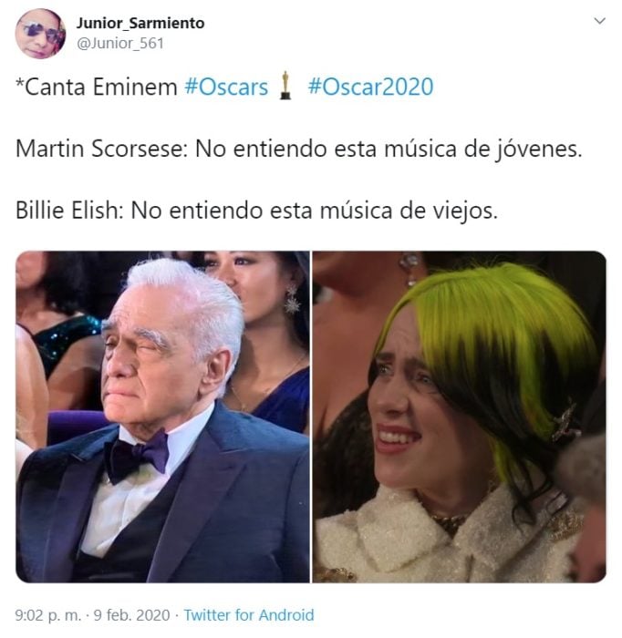 Captura de Twitter de las reacciones de Billie Elish y Martin Scorsese a la presentación de Eminem