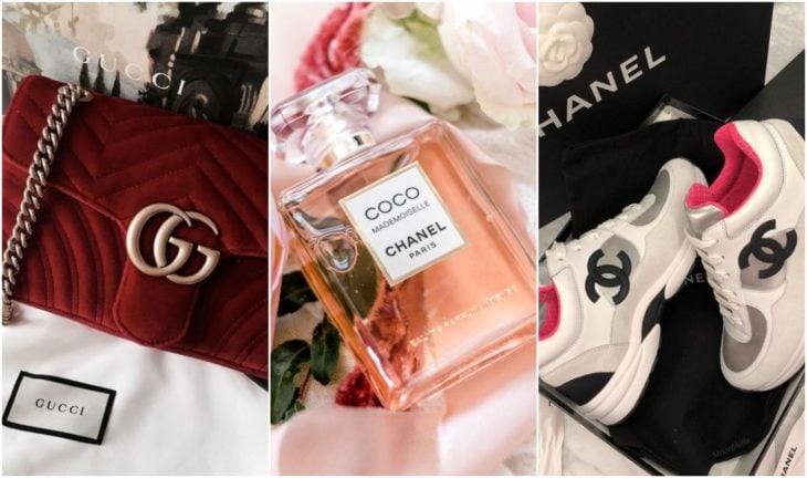 Bolso, perfume y tenis de diseñador Gucci, Coco Channel