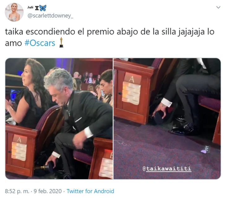 Captura de Twitter de Taika guardando su Oscar en el asiento del teatro