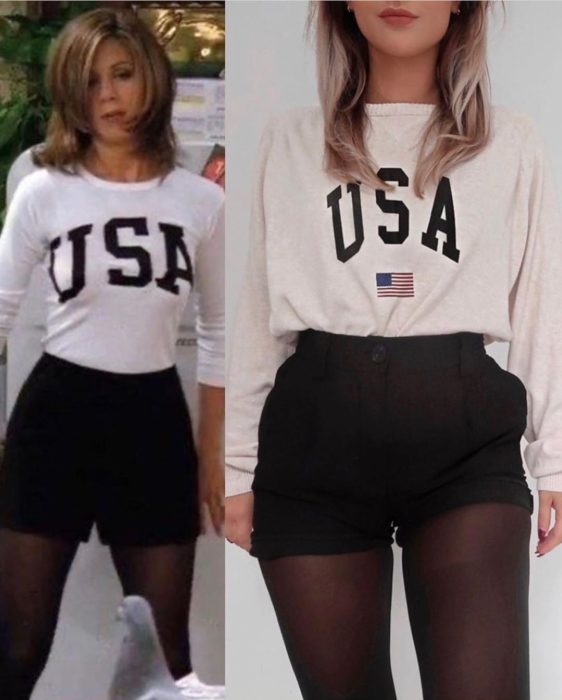 Outfit inspirado en Rachel de Friends usando blusa de USA