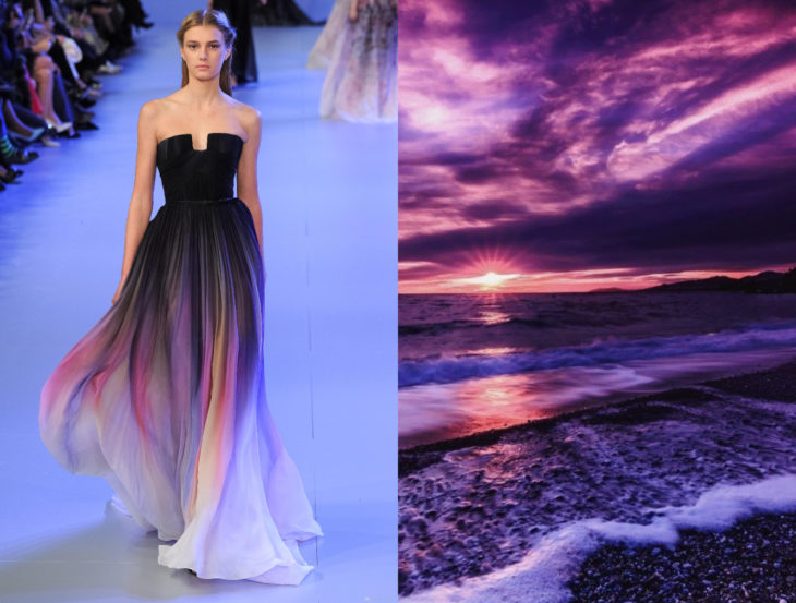 Vestidos inspirados en la naturaleza; vestido de gasa morado, negro y blanco, atardecer en la playa