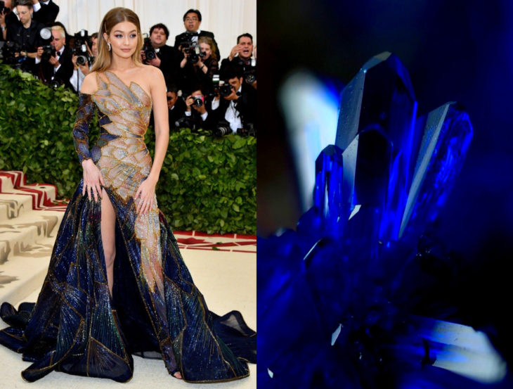 Vestidos inspirados en la naturaleza; cristal zafiro azul rey, Gigi Hadid en el Met Gala con vestido de cristales preciosos