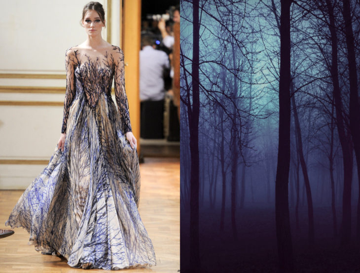 Vestidos inspirados en la naturaleza; vestido de ramas secas, bosque de árboles secos en la noche con neblina