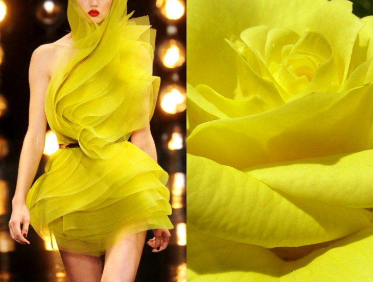 Vestidos inspirados en la naturaleza; vestido amarillo, flor amarilla, rosa