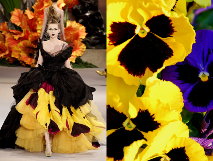 Vestidos inspirados en la naturaleza; vestido de flor pensamiento amarillo con roko