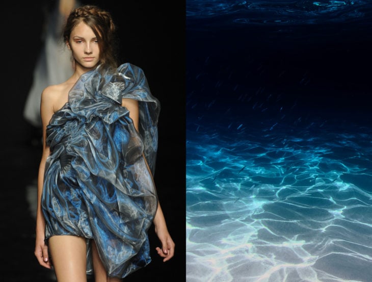 Vestidos inspirados en la naturaleza; vestido de tul corrugado gris y azul. luz reflejada en el agua, fondo de mar