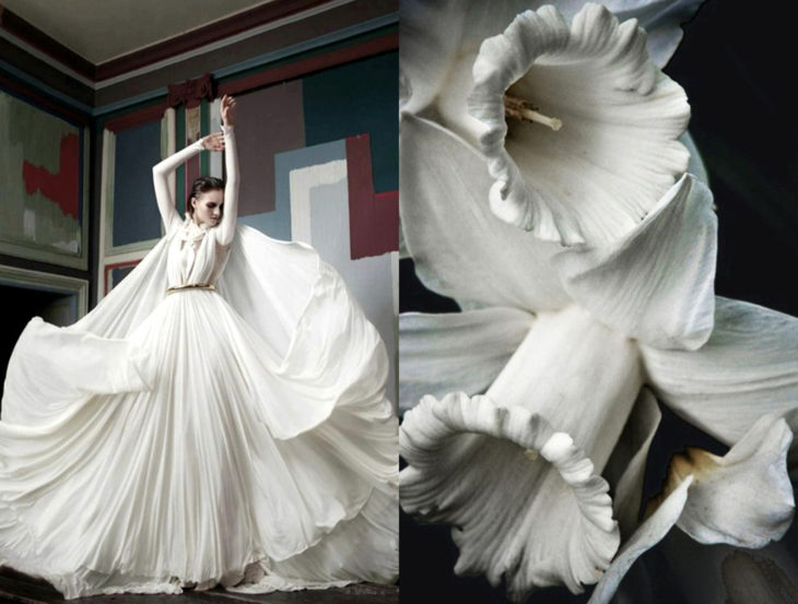 Vestidos inspirados en la naturaleza; vestido blanco con vuelo y mangas, flor blanca, campanilla