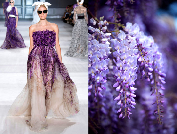 Vestidos inspirados en la naturaleza; gran púrpura glicina en flor, vestido de flores moradas de gasa