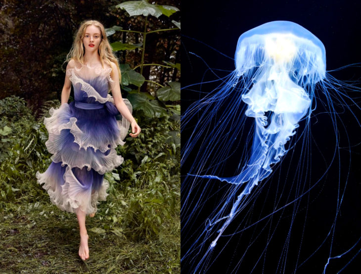 Vestidos inspirados en la naturaleza; medusa azul, mujer con vestido azulado con volantes, caminando en la hierba