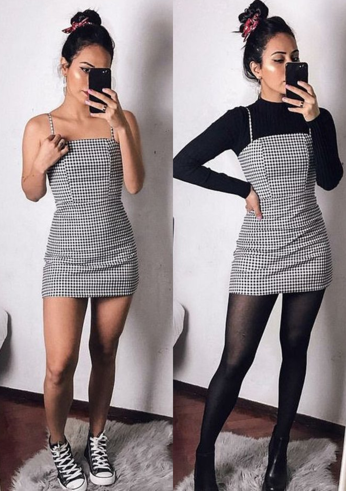 vestido de cuadros con tenis