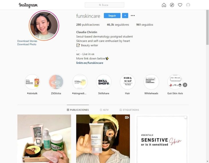 Portada de la cuenta de Instagram @funskincare