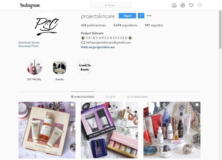 Portada de la cuenta de Instagram @projectskincare