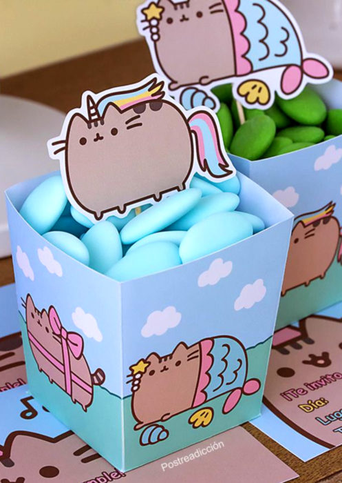 Aguinaldos para fiesta infantil del Día del Niño; cajas de Pusheen con dulces