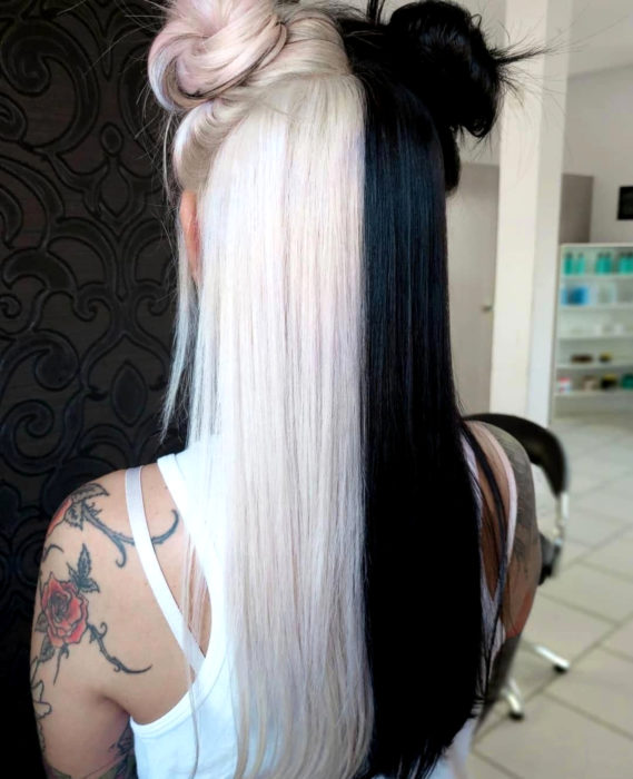 Cabello negro con blanco; chica con peinado de chongos de Sailor Moon, tinte bicolor