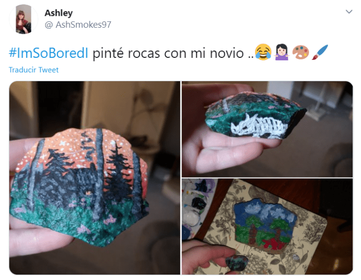 Captura de Twitter con fotografías de rocas pintadas artisticamente