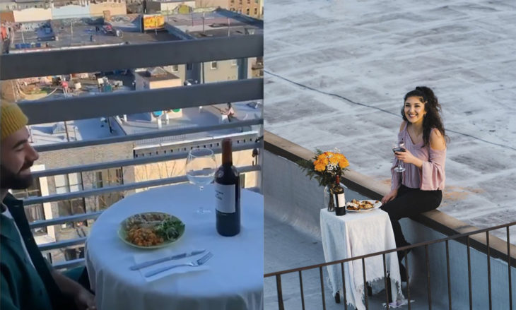 Chicos comiendo cad uno por su lado mientras se ven desde el balcón y el techo 