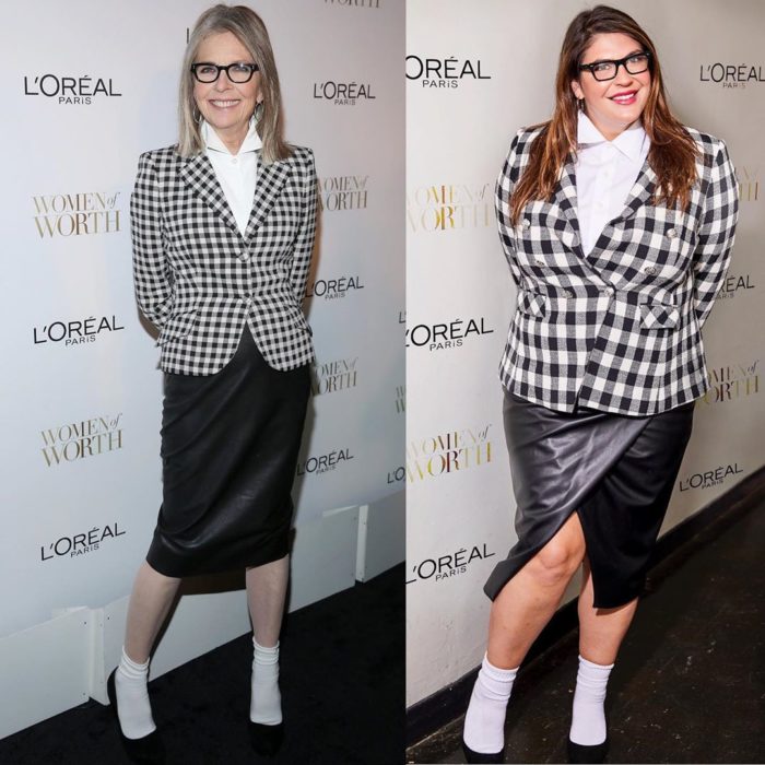 Katie Sturino replicando outfit de Diane Keaton