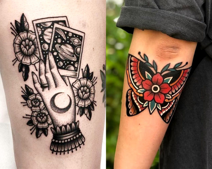 Estilos de tatuajes femeninos; tatuaje tradicional de mano con cartas de tarot y mariposa bajo el codo