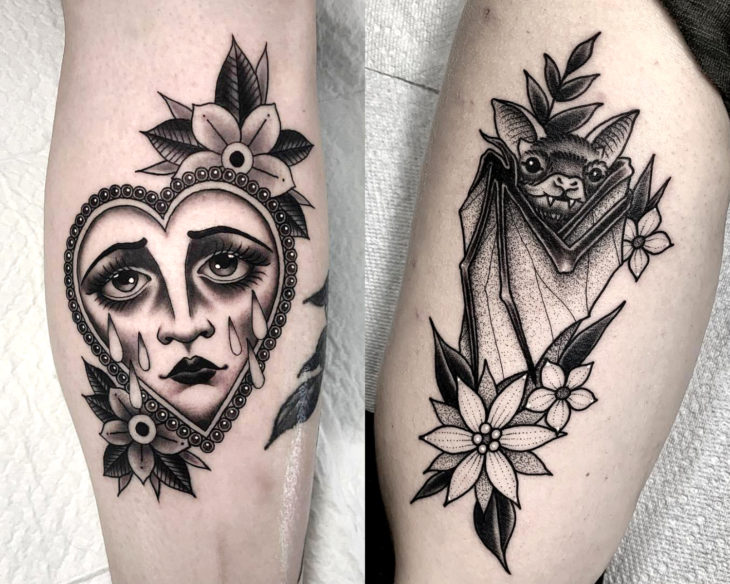 Estilos de tatuajes femeninos; tatuaje neotradicional en gris y negro, corazón con rostro llorando y murciélago con flores