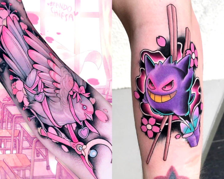 Estilos de tatuajes femeninos; tatuaje new school de pájaro con cetro lunar de Sailor Moon, Gengar de Pokémon; kawaii