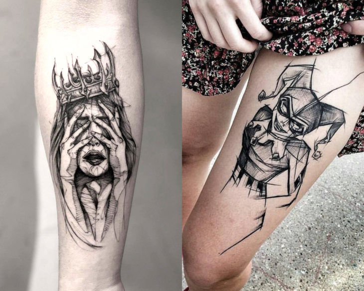 Estilos de tatuajes femeninos; tatuaje estilo sketch, bosquejo en brazo y muslo; Harley Quinn