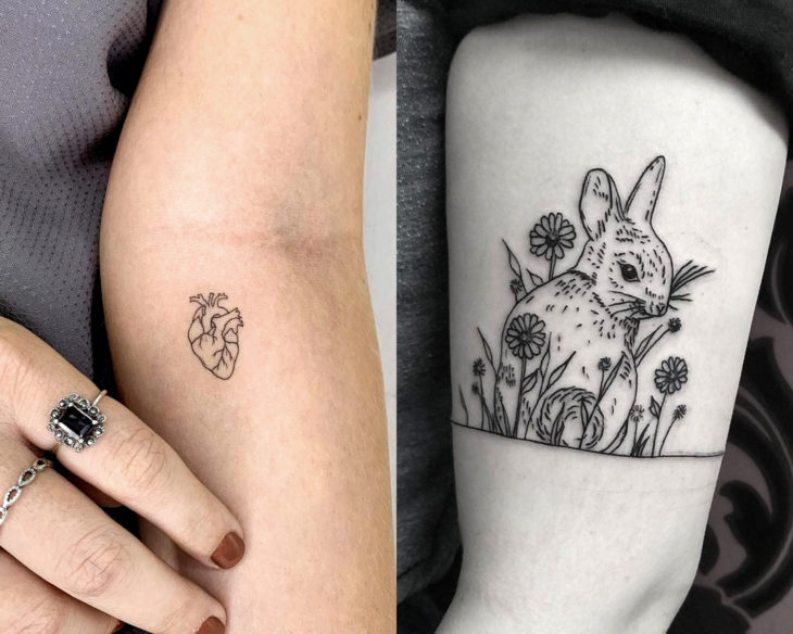 Estilos de tatuajes femeninos; tatuaje minimalista de corazón realista y conejo