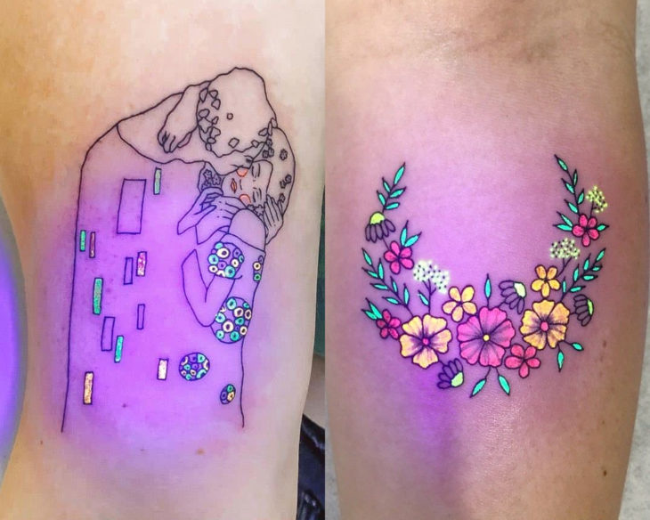 Estilos de tatuajes femeninos; tatuaje fluorescente de El Beso de Gustav Klimt y flores