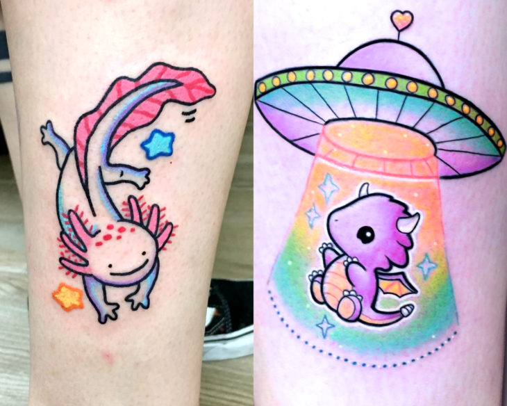 Estilos de tatuajes femeninos; tatuaje de axolote y dragón en ovni, kawaii