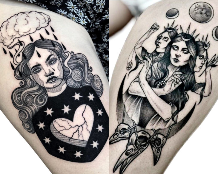 Estilos de tatuajes femeninos; tatuaje negro con gris de brujas, en el muslo