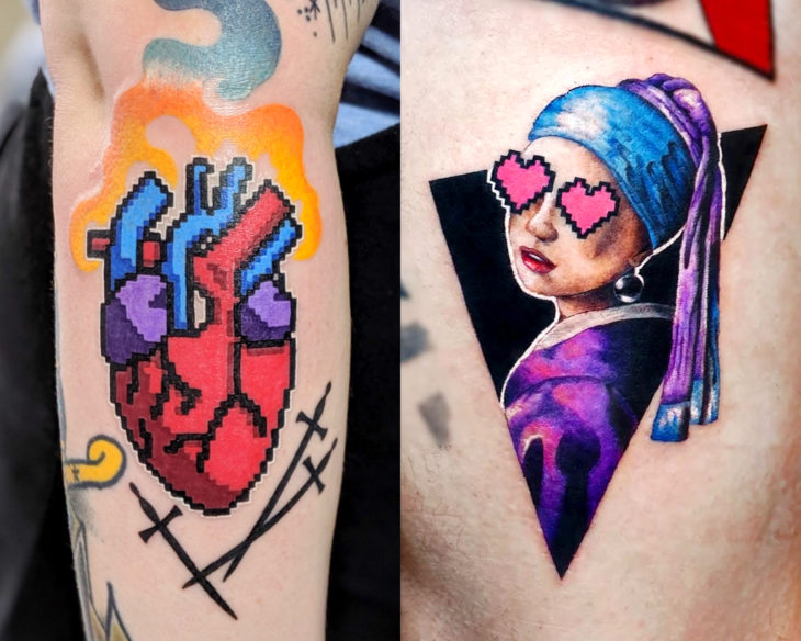 Estilos de tatuajes femeninos; tatuaje pixeleado de corazón realista 