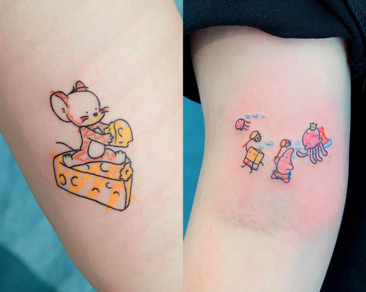 Estilos de tatuajes femeninos; tatuaje de dibujo infantil. Tom y Jerry y Bob Esponja y Patricio pescando en campo de medusas