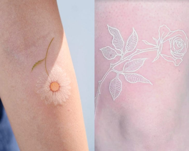 Estilos de tatuajes femeninos; tatuaje blanco de flores en el brazo