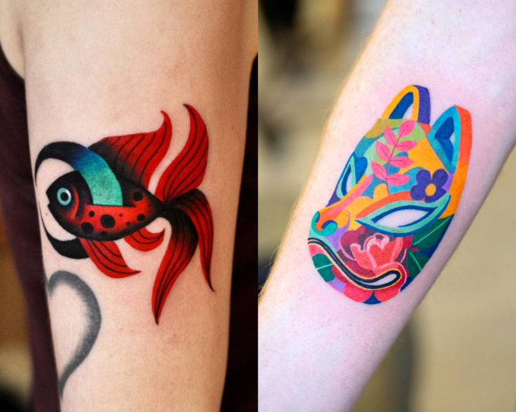 Estilos de tatuajes femeninos; tatuaje full color, colorido, máscara japonesa de zorro y pez beta rojo, en el brazo