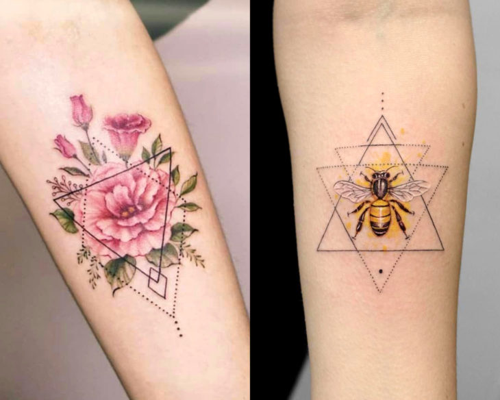 Estilos de tatuajes femeninos; tatuaje geométrico con flores y abeja dentro de triángulos y rombos