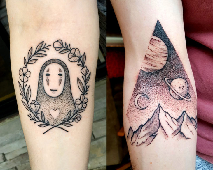 Estilos de tatuajes femeninos; tatuaje de puntillismo de Kaonashi de El viaje de Chihiro, universo y planetas