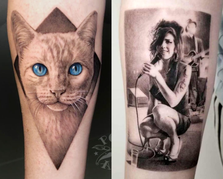 Estilos de tatuajes femeninos; tatuaje realista de gato con ojos azules y Amy Winehouse